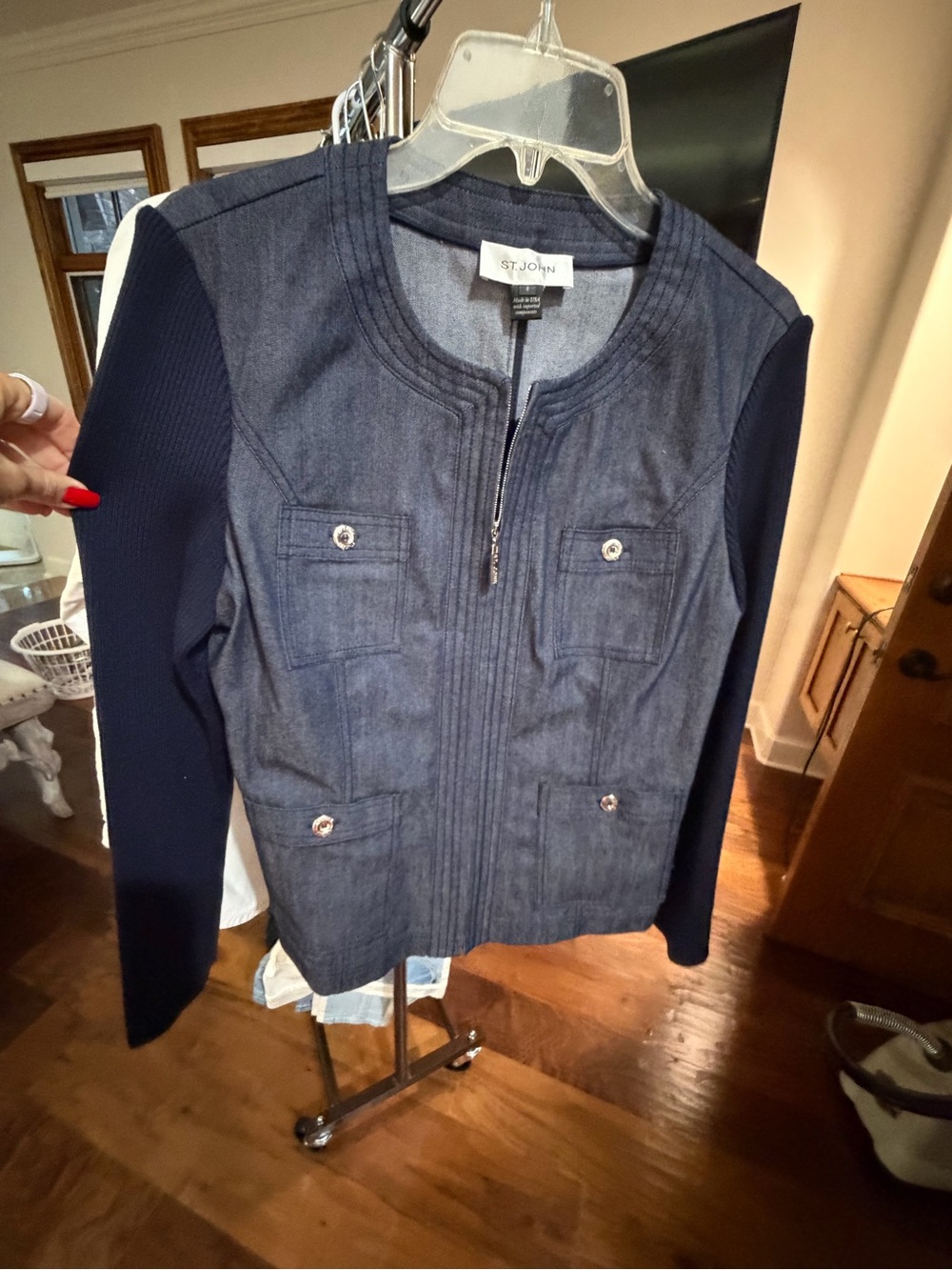 St. John Navy Mixed-Texture Zip Front Jacket